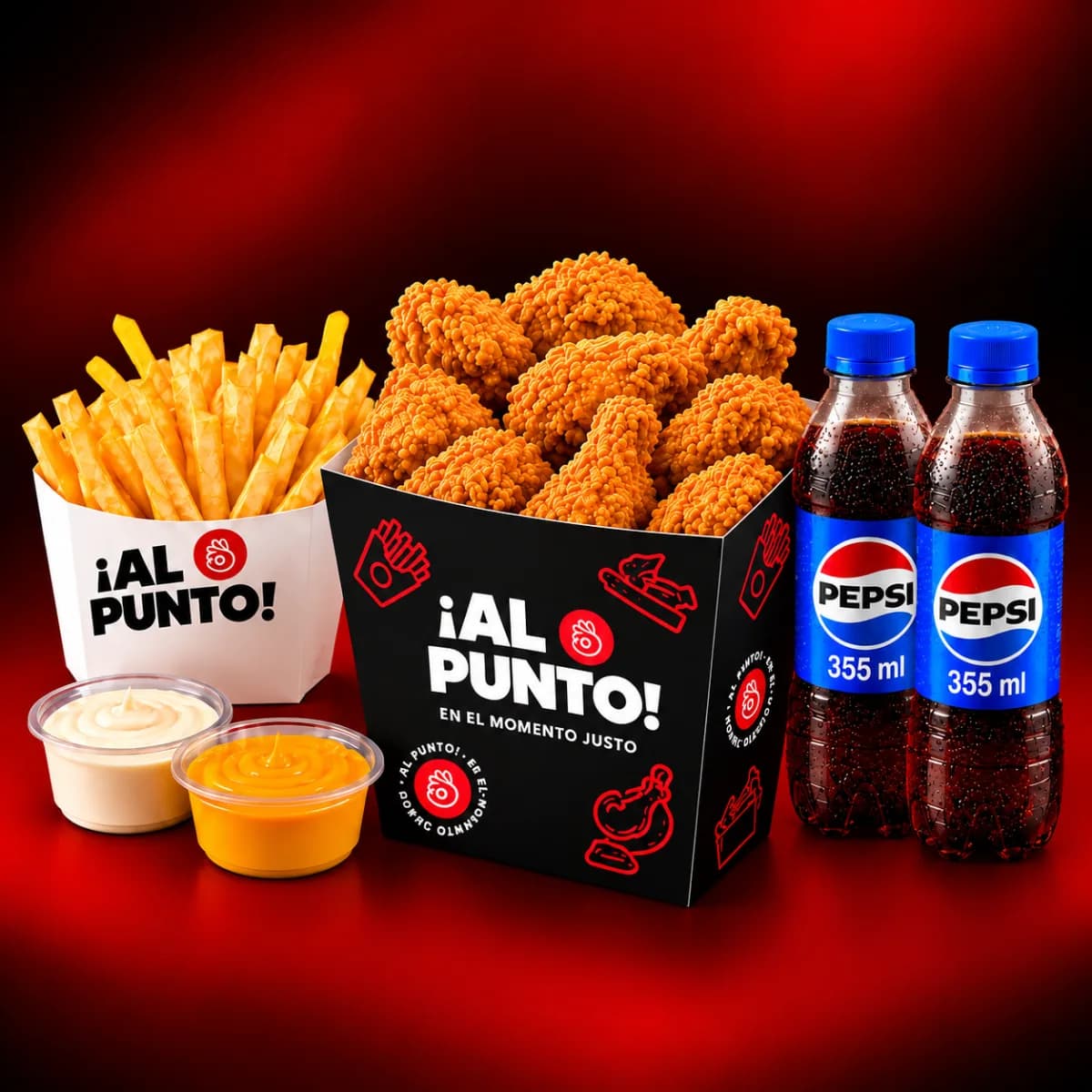10 presas de pollo crispy, papas fritas, cremas y 2 Pepsi de 355 ml.